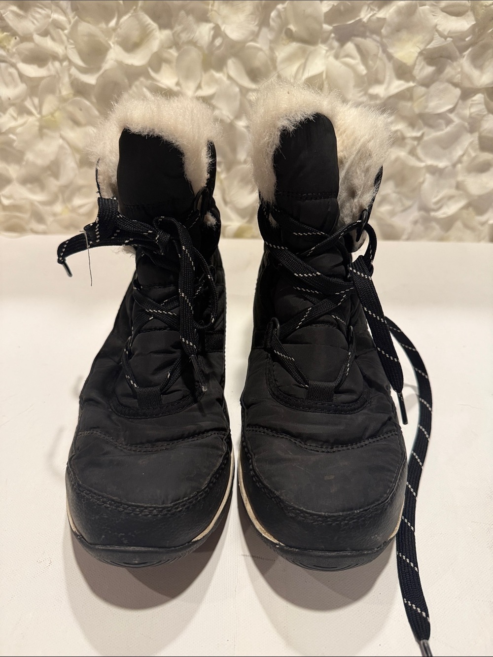 Sorel Black Winter Lace-Up Boots with White Faux Fur Trim